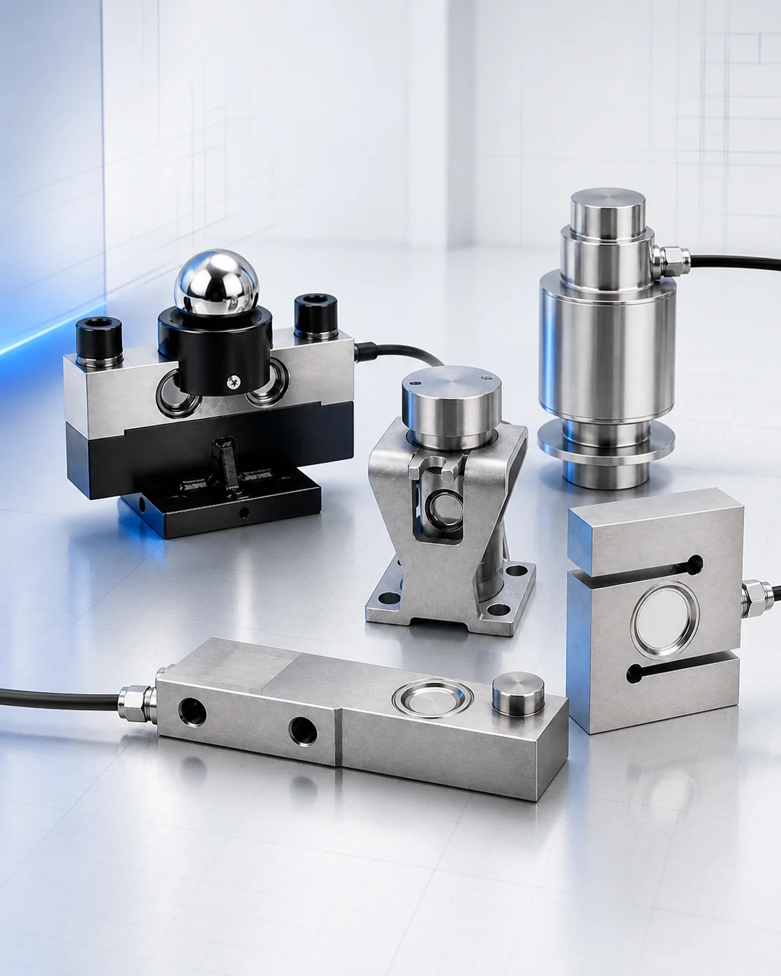 Editorial arrangement of five industrial weighing sensors on a pale technical surface