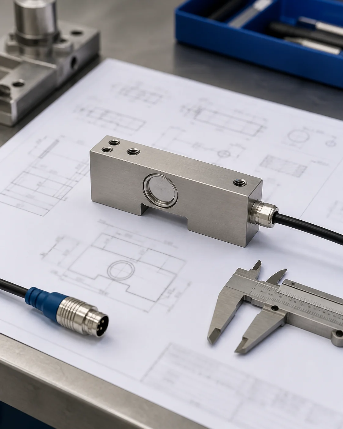AI-generated product-definition review reference with a load cell, drawing, cable, and caliper; not verified ANTORIS evidence
