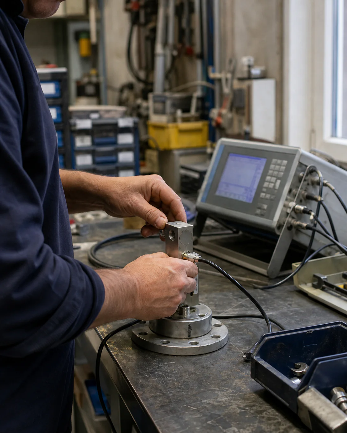 Technician reviewing a load cell with calibration equipment in an industrial workshop