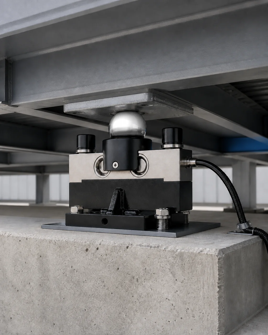 Compression load cell installed beneath an industrial equipment frame