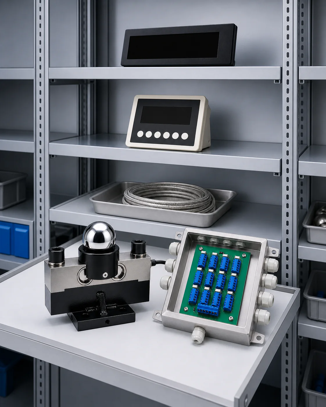 Load cell, junction box, indicators and weighing cable arranged for distributor inventory review