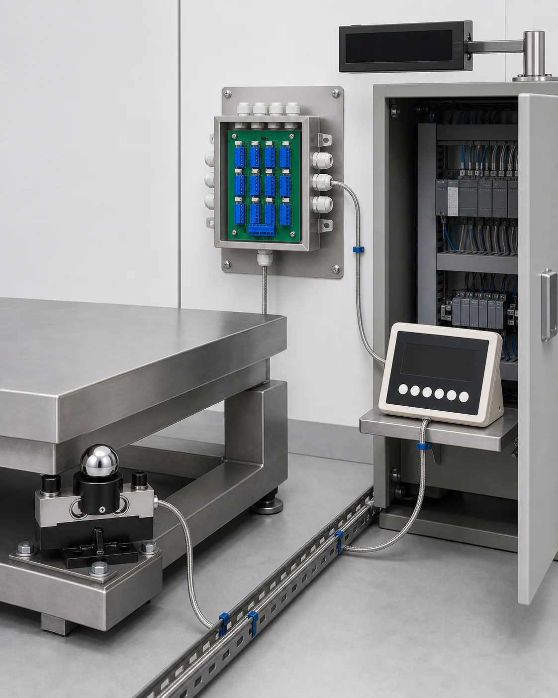 Load cell, junction box, controller and remote display integrated with industrial automation equipment