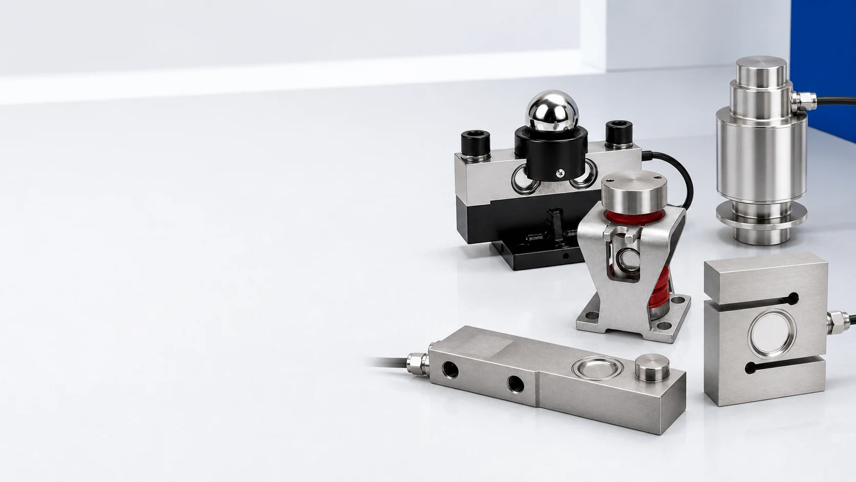 Five ANTORIS load cell models arranged in a precision engineering studio