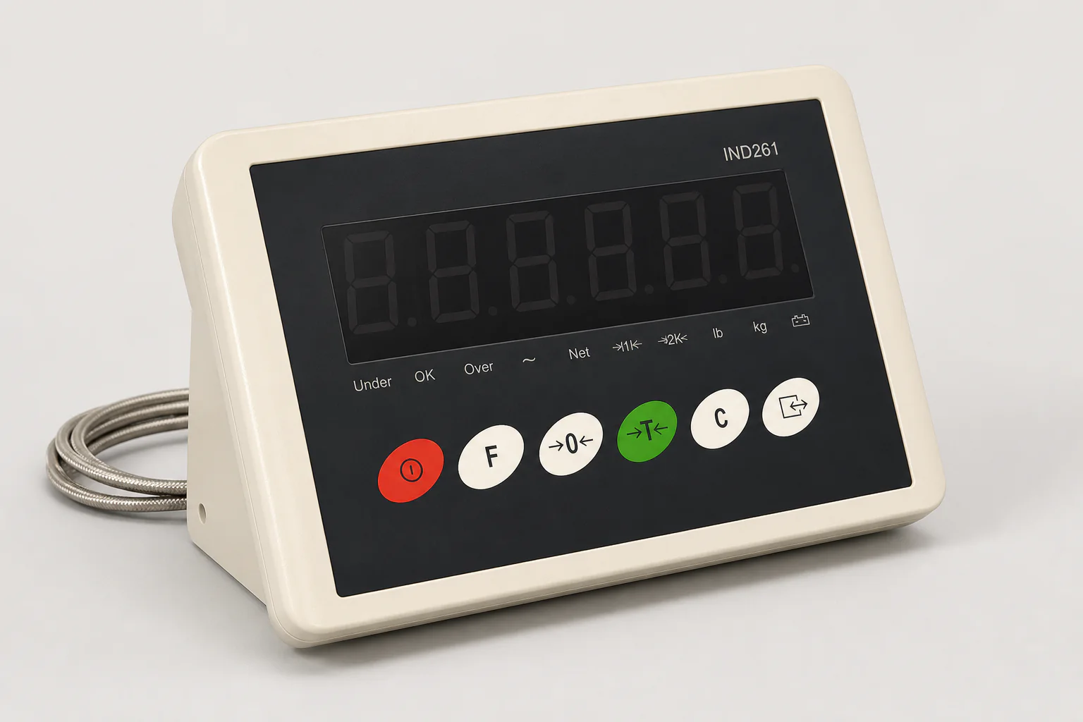 Industrial weighing indicator and controller with a digital display and function keys
