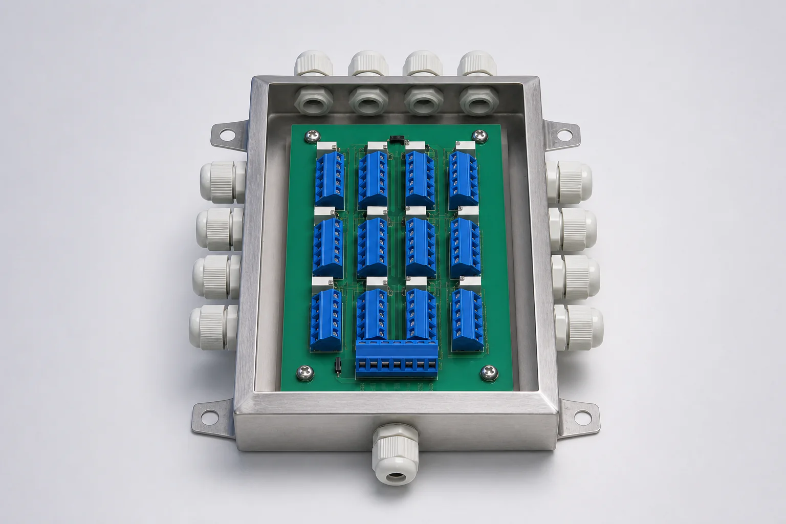 Open stainless steel weighing junction box with terminal channels and cable glands