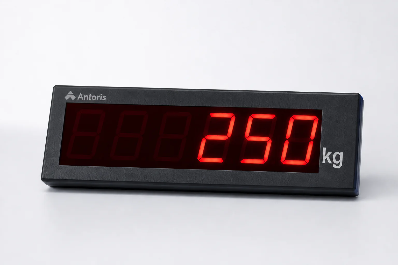 ANTORIS industrial remote weight display showing a red 250 kilogram reading